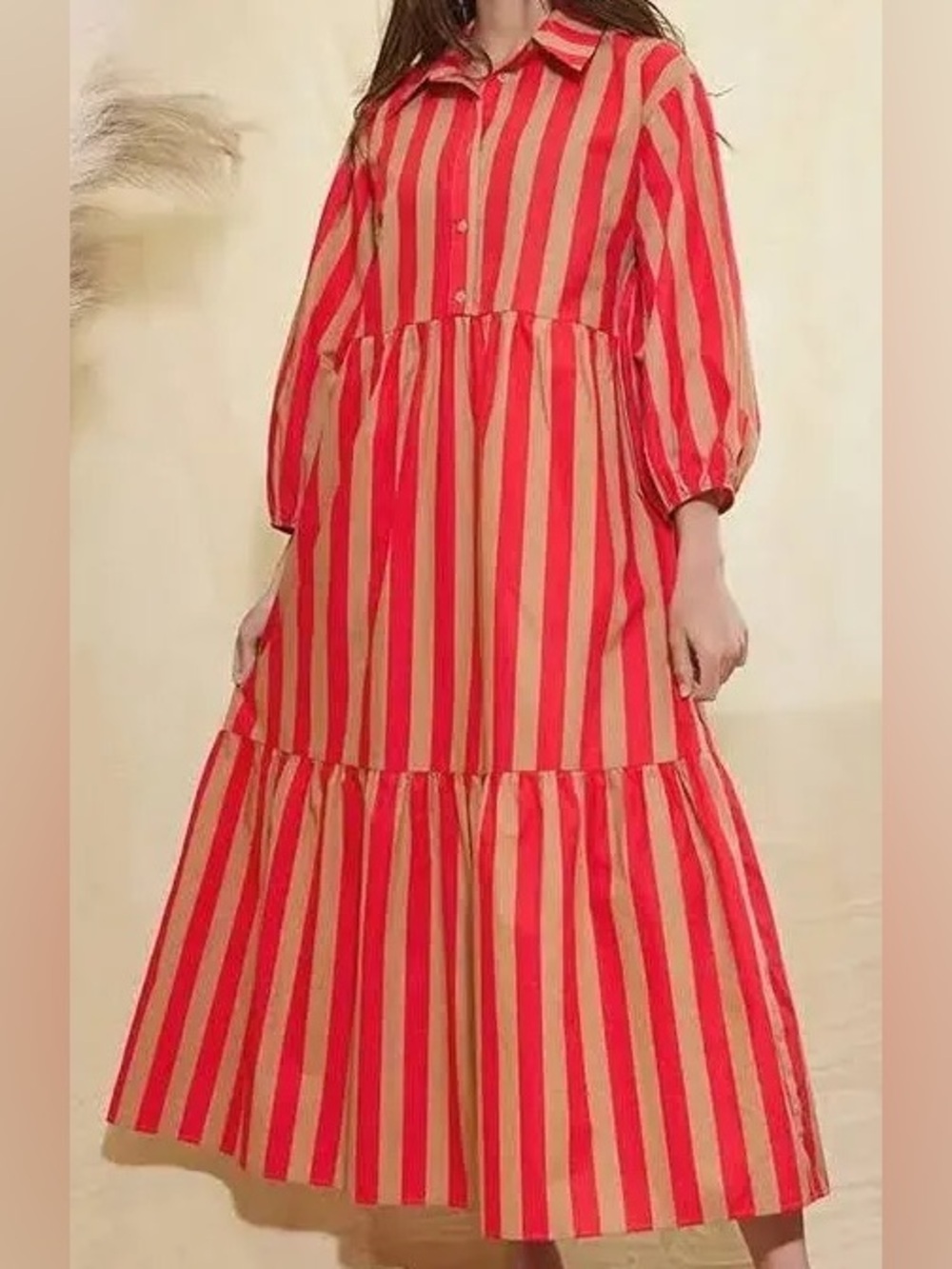 Maeve Bettina Tiered Striped red and tan dress